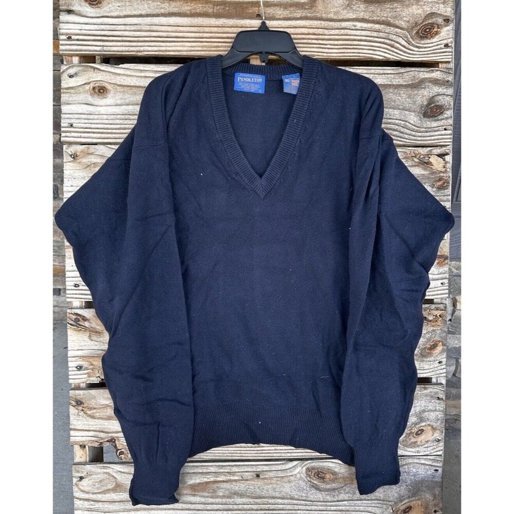 Pendleton‎ Sweater Men Large Navy Blue Cable Knit 100% Lambswool V Neck